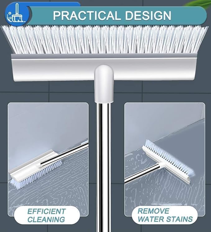 Image of Premium Heavy-Duty Floor Scrub Brush with Squeegee - Stainless Steel Handle & Nylon Bristles for Tile, Bathroom, and Hard Surface Cleaning