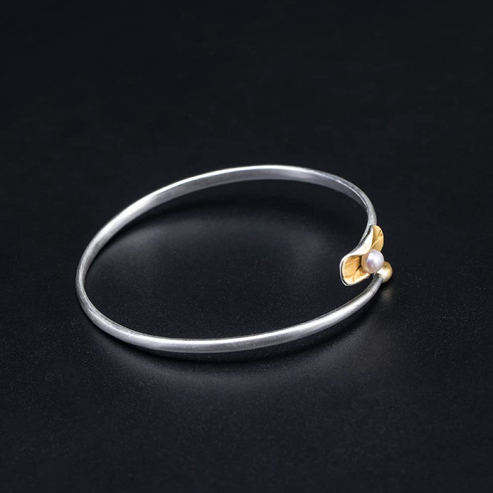 Bracelet Jonc Argent Femme,Bracelet en Argent Sterling Perle Feuille De Lotus Bracelet Manchette Ouvert Bracelets D'Amitié Cadeau Bijoux en Argent S925 pour Femme Petite Amie Femme