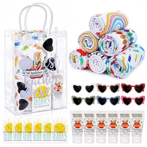 Leelosp 6 Set Summer Teacher Gifts Bulk Beach Towel Gift for Teacher Include Beach Towels Sunscreen Cream Sunglasses Bag Cards for End of Year Gifts Summer Trip Gift