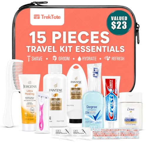 TrekTote 15 Piece Set Women’s Travel & Hygiene Kit with Clear Toiletry Bag, Personal Care Essentials, Single Kit or Bulk Case Packs, TSA Approved Toiletry Kit for Travel, Vacation, Everyday Essentials