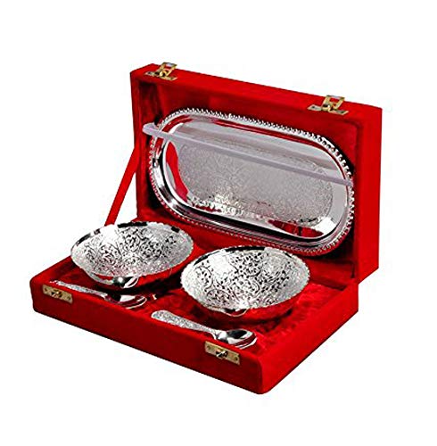 PARIJAT HANDICRAFT Set of 5 Pcs Brass Bowl Platter Tray with Spoon Indian Royal Engraving Design with Decorative Gift Packed Box
