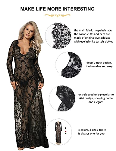 ohyeahlady Plus Size Long Lingerie Set for Womens Lace V Neck Mesh Sexy Nightdress Babydoll Sleepwear Maxi Dress with Thong4