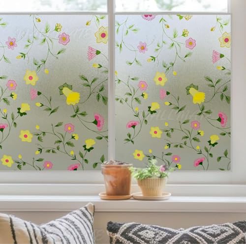 Image of WALLMATE Frosted Glass Window Film, Privacy Film for Glass Windows, Heat Blocking,Decorative Removable Indoor Frosting Clings for Bathroom (Bell Flower, 16X72)
