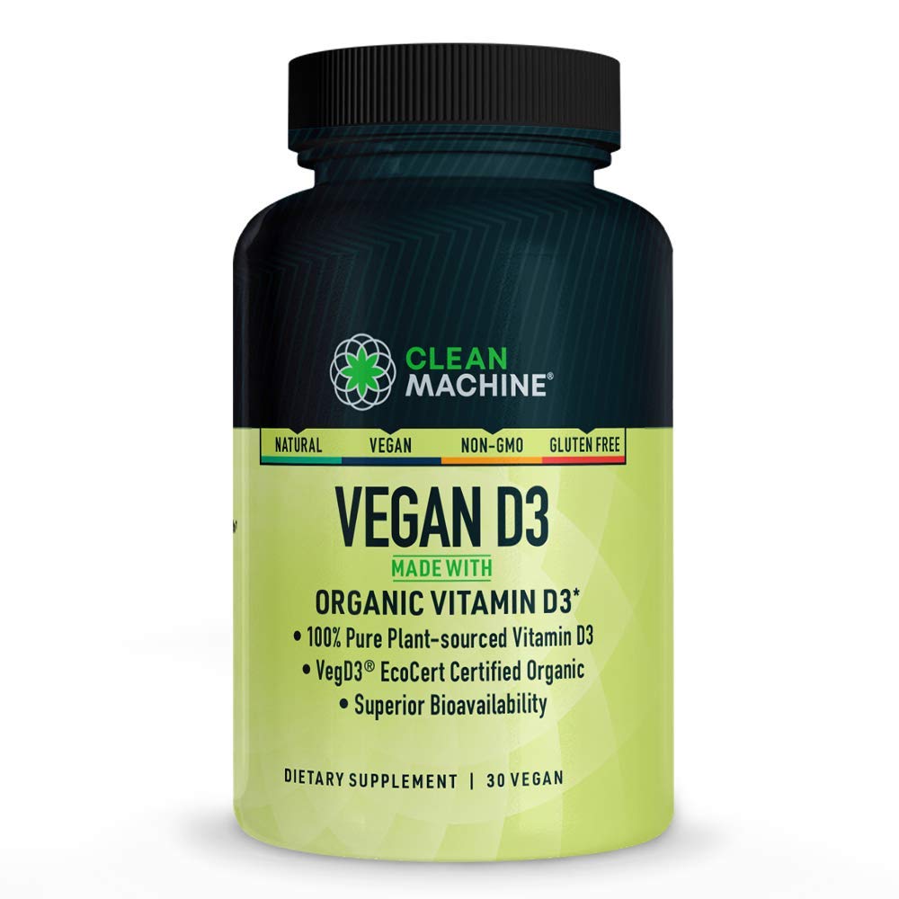 CLEAN MACHINE Certified Organic Vegan Plant Based Vitamin D3 4000 IU per Pill - Natural D3 Supplement for Optimal Health - 30 Vegan Capsules (USDA Certified Organic)