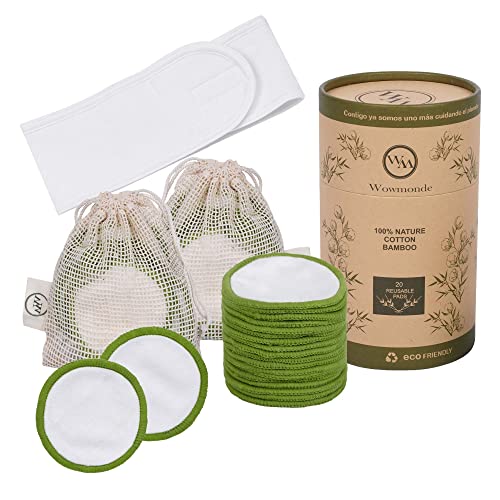 WoWMonde® Discos Desmaquillantes Reutilizables de Bambú Natural y Algodón Orgánico (20uds) 2 Bolsas Lavandería, Cinta de Pelo, Estuche. Regalo Mujer. Regalo Ecológico