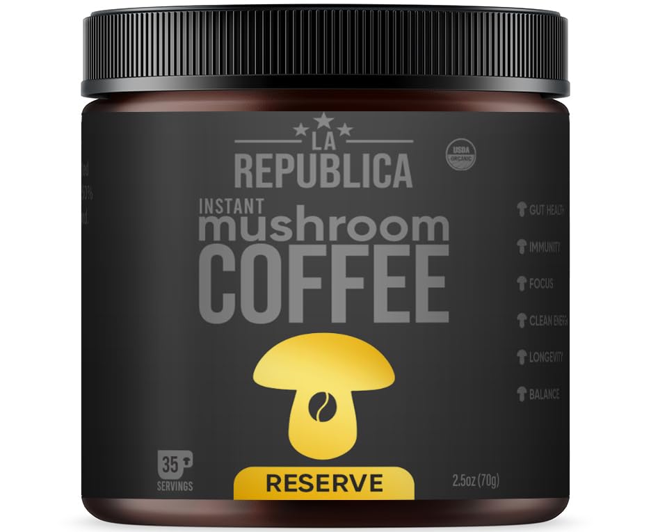La Republica Founders Reserve Instant Mushroom Coffee Organic (35 Servings), Full Fruiting Bodies, 50% More Shrooms, Small BatchUSDA Organic