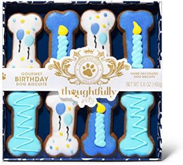 Thoughtfully Pets, Blue Dog Birthday Cookie Gift Set, Hand Decorated Crunchy Dog Treats in Bone Shapes, Great for Birthdays, Set of 8