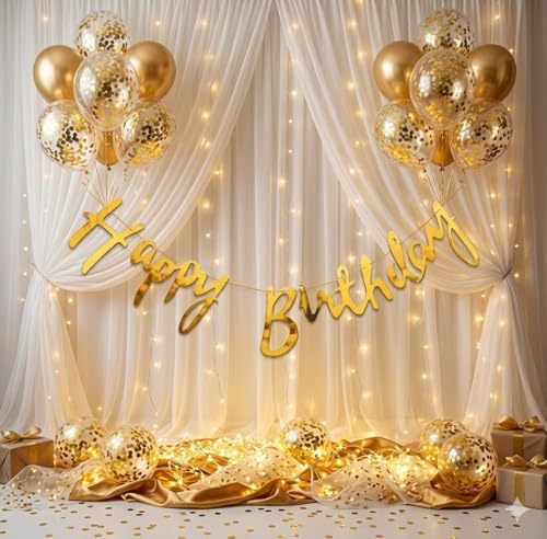 Image of MOOKE Gold Birthday Decoration Set - Happy Birthday Banner, Gold Confetti Balloons With LED Light, Unisex-Adults, Unisex-Kids (22)