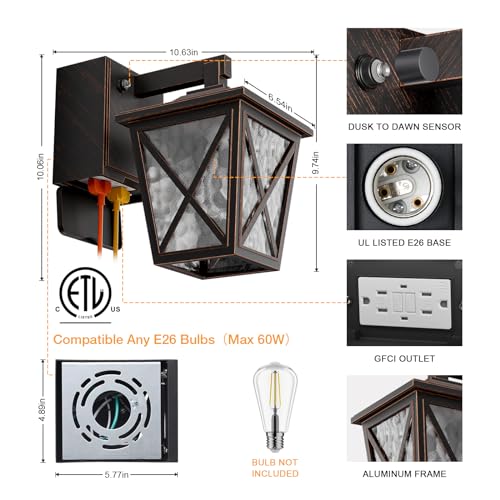 Image of Ehaho Porch Light with GFCI Outlet Aircraft Grade Aluminum Alloy Bronze 1PC | Dusk to Dawn Outdoor Lights Waterproof IP 68 Upgraded 3 Lighting Modes Exterior Light with Plug for Front Door Patio Garage