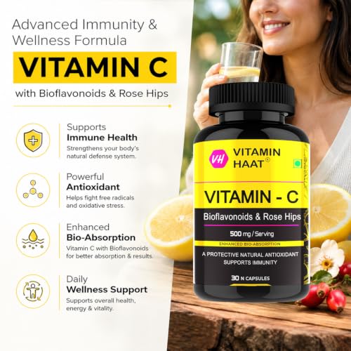 Image of Vitamin C Supplement 500mg Capsules with Citrus Bioflavonoids & Rose Hips, Amla | Immune Support, Antioxidant Protection & Collagen Formation | Natural Vitamin C for Men & Women | 30 Capsules by VitaminHaat