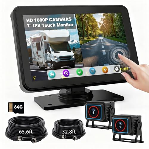 Rvsisytm RV Backup Camera System - Dual 1080P HD Cameras with 7 inch Touchscreen Display, Wired Kit for Trucks, Trailers, and RVs, Includes 64GB Memory Card