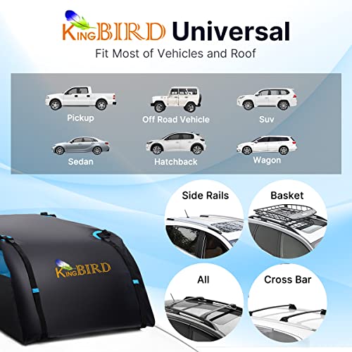 King Bird Aerodynamic Rooftop Cargo Carrier Bag, 20 Cubic Feet Car Waterproof Roof Bag For All Vehicles With/Without Rack, Includes Anti-Slip Mat, 8 Reinforced Straps, 4 Door Hooks, Luggage Lock #TOP6