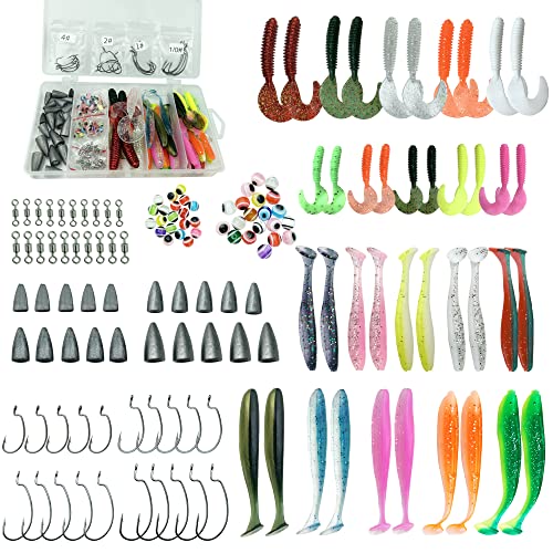 Fishing Lures Kit Fit Drop Shot Rig Jig Head Rig Texas Rig with Soft Bait(Single Tail Grub & Paddle Tail ) Sinkers Wacky Hook Worm Hook Jighead for Bass Trout Salmon with Tackle Box (Texas Rig)