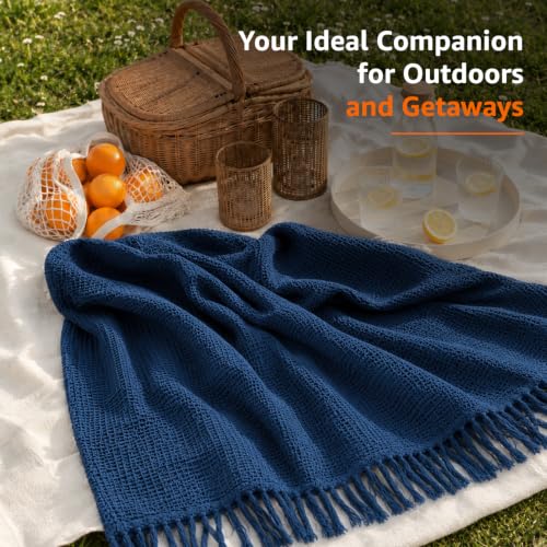 Image of Amazon Basics Waffle Throw Blanket | Knit & Chevron Pattern with Fringes | Aesthetic Decorative Couch Throw for Living Room, Sofa, Bed and Chair | 152x125 cms | 100% Cotton Throw | Blue