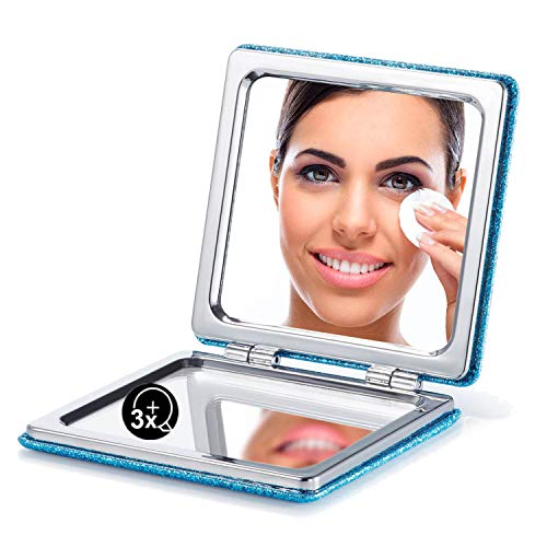 OMIRO Miroir compact en polyuréthane pailleté à grossissement x1/x3, ultra portable pour sacs à main (bleu) Cover