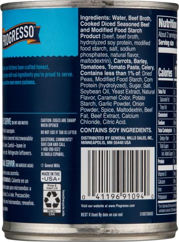 Image of Progresso Traditional Beef Barley Canned Soup, 19 oz | Chopped beef, barley & savory vegetables in hearty beef broth, 110 calories per serving, No artificial flavors