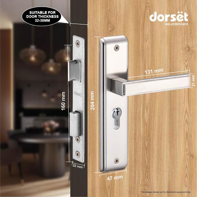 Image of Dorset Kaira Mortise lockset with Both Side Keys | 8 inch Mortise Handle Lockset for Main Door and Bedroom, 60 mm Cylinder, Satin Chrome Finish, HLKAISC