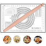 Silicone Baking Mat, Rolling Pin and 2 Pieces Scraper Set, 16'x24' Silicone pastry mat with measuring scale，15.75' French Rolling Pin Tapered Design, Food Grade Silicone Bowl Scraper