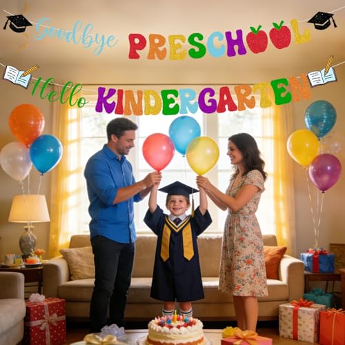 Image of Preschool Graduation Decorations Banner - Pre-Strung Glitter Goodbye Preschool Hello Kindergarten Garland for Pre K Grad Children Graduate Party Decor