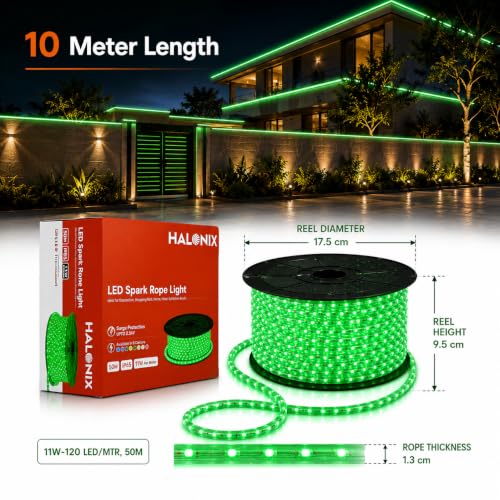 Image of Halonix 50 Meter LED 120 Led /MTR Rope Light for Home Decoration | IP65 Certified, BIS Approved | Indoor and Outdoor use | Direct Plug-in | 700 Lumens in Every Meter | Pack of 1 (Green)