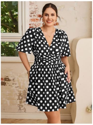 Image of Floerns Women's Plus Size Printed V Neck Short Sleeve Ruffle Hem Summer Short Dresses