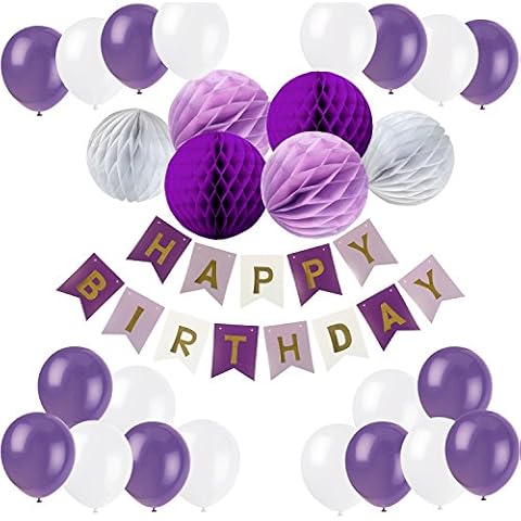 Recosis Happy Birthday Bunting Banner with 20 Pieces Latex Party Balloons and 6 Pieces Honeycomb Balls for Birthday Party Decorations (Purple) Cover