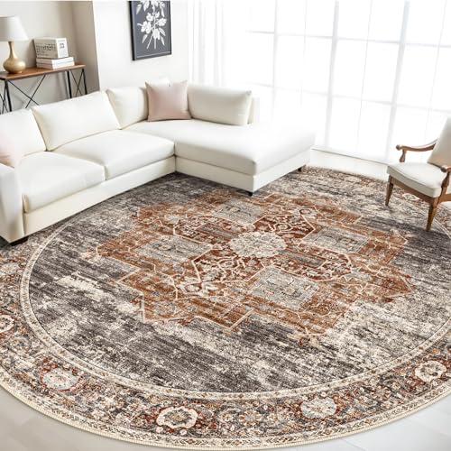 RUUGME Washable 9 ft Round Area Rug - Large Boho Rugs for Living Room Stain Resistant Carpet Vintage Tribal Rugs for Bedroom Kitchen Bathroom with Non Slip Backing Decor Floor Mat 9ft Brick