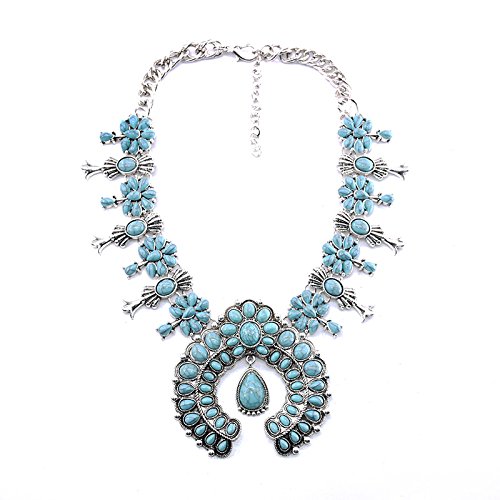 Boho Turquoise Flower Collar Necklace for Women Vintage Bohemian Statement Squash Blossom Stone Bib Necklaces Exaggerate Long Hippie Fashion Big Horseshoe Pendant Choker Western Costume Party Jewelry Gifts