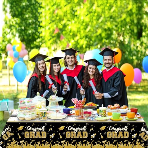 Image of chiazllta Set of 3 Graduation Tablecloths Class of 2026 Congrats Grad Black Graduation Party Tablecover Decorations Party Supplies Large Size Plastic 54 inchx108 inch(Black & Gold)