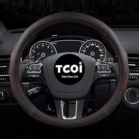 TCOI Microfiber Leather Steering Wheel Cover Universal Fit 37-39cm, Breathable Anti Slip Auto Steering Wheel Covers (Black&Red) Cover