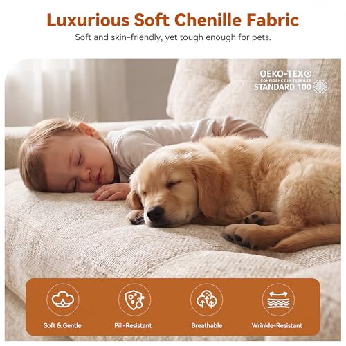 Image of MONVANE 75.6 inch Convertible 3‑in‑1 Chenille Boneless 3 Seater Sofa, Beige