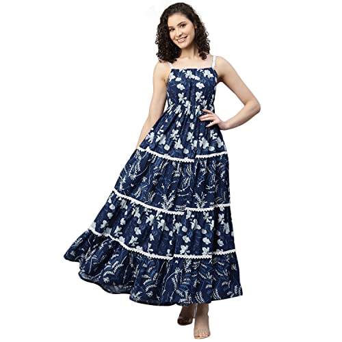 Image of DEEBACO Women's Color Block Print Cotton Maxi Length Tiered Dress for Women|One Piece Straps Shoulder Sleeveless Casual Western Fit and Flared Dresses for Ladies Wear Outfits (DBDR00000714B White)