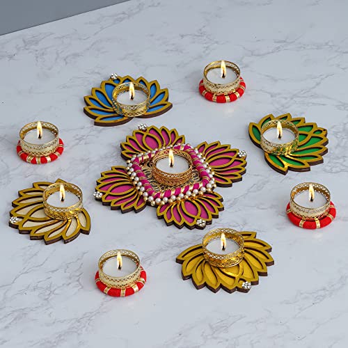 Image of Sanvatsar Home Decorative Lotus Rangoli & Lotus Diya Set | Corporate Gift, Diwali Gift, Diya for puja Home Decoration Light Diya, Christmas Candle, Lighting, New Year Candle Set of 9.