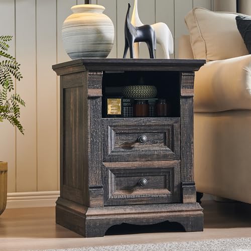 Image of Nightstand with Charging Station, 18 inch Wooden End Table w /Roman Column