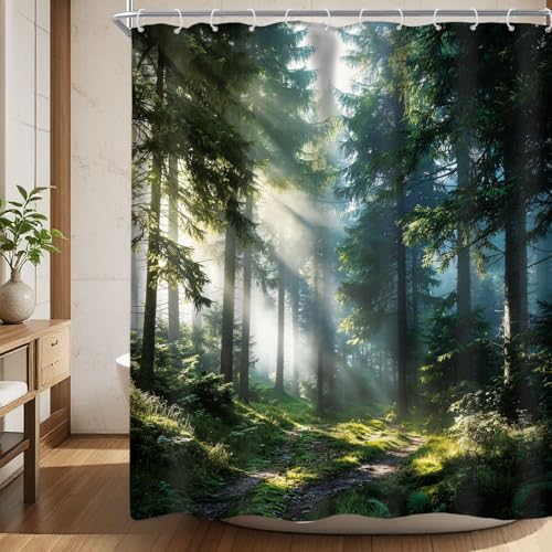 Fantasy Woodland Natural Green Trees Plants Bathroom Shower Curtain Set