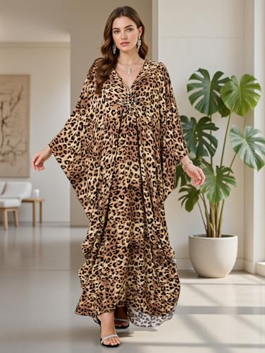 Image of IMAGEKOPE Women's Plus Size Animal Print V-Neck Batwing Kaftan Beach Dress Bathing Suit Cover-Up Loungewear