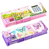 Henoyso 2 Pcs Multifunctional Pencil Box for Girls Cute Pencil Case Plastic Pencil Case with Calculator and Pencil Sharpener Pencil Pouch Gifts (Flower, Butterfly)
