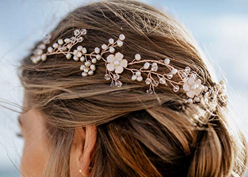 Kercisbeauty Wedding Bridal White Flower and Pearl Headband Vine Headpiece for Prom,Tiara(Rose Gold) - Image 2