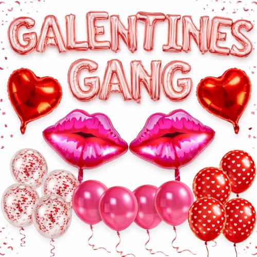 30pcs Galentines Day Balloons Party Decorations - Happy Galentine Balloons Decor Kit, 16in Galentines Gang Banner Letter Balloon, 2pcs Kiss Lip & 2pcs Love Heart & 12pcs Latex Balloons for Valentines