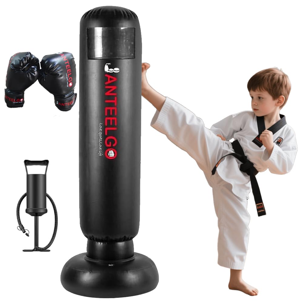 Sacco da Boxe da Terra con Guantoni da Boxe: JanTeelGO 150cm Sacco Box Bambino Allenamento Boxe - Punching Ball Bambini e Ragazze Età 3-12 per Praticare Karate, Taekwond