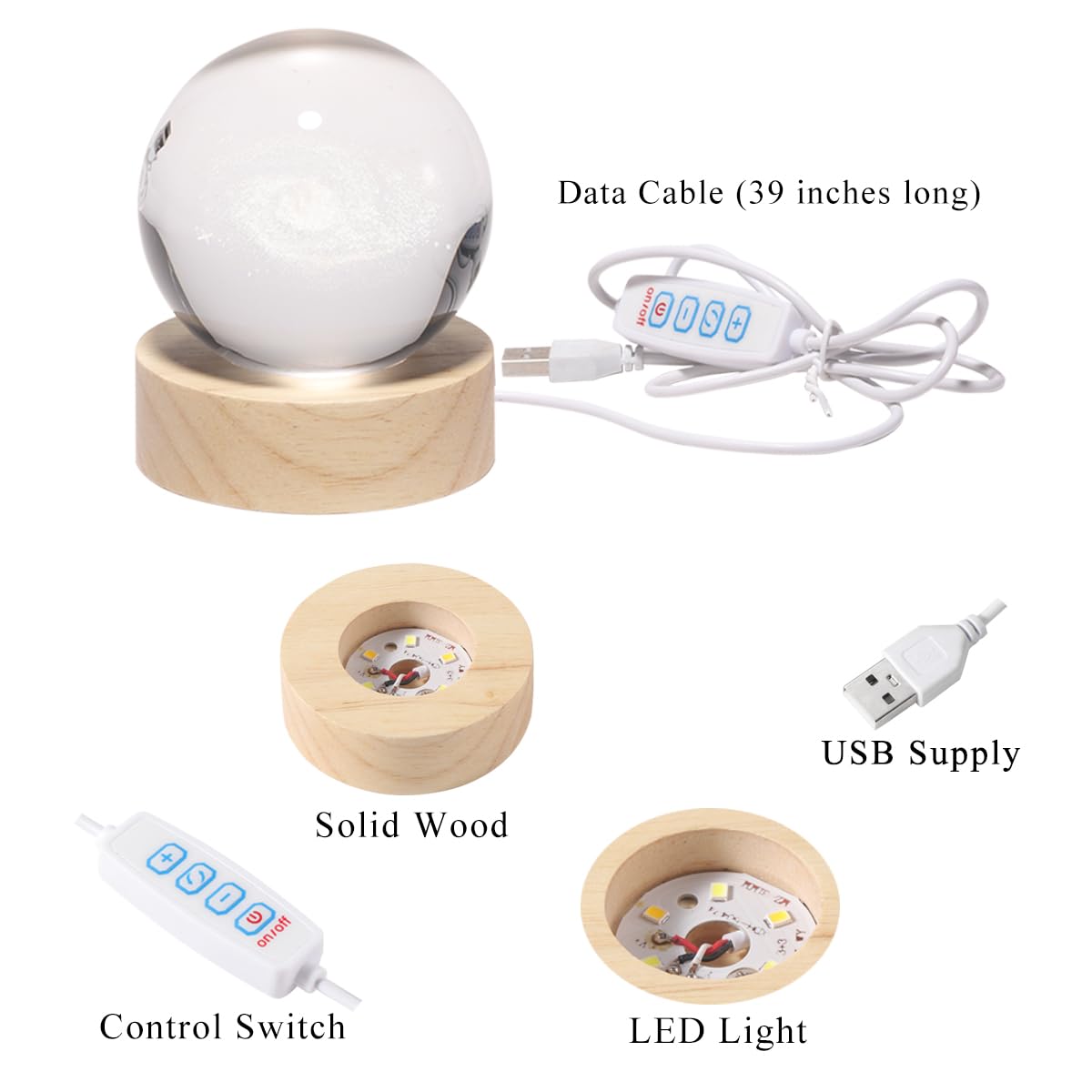Lámpara de bola de cristal de galaxia 3D con LED regulable y base de madera, luz nocturna para niños, adolescentes y adultos, decoración de escritorio en casa, oficina, dormitorio, regalo de 5