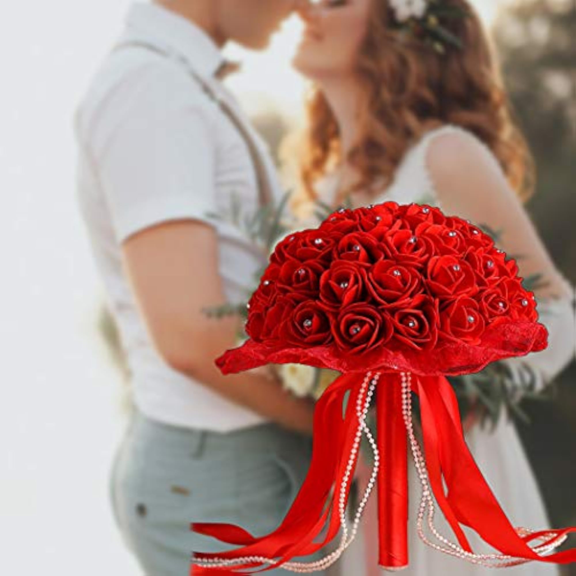 Bridal Elegant Artificial Rose Wedding Flower Bouquet, Red
