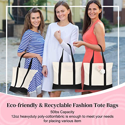 Amylove 6 Pcs Cotton Canvas Tote Bag Bulk, 20 X 15 Inch Heavy Duty Tote Bag With Zipper Top And Outer Pocket, Reusable Large Grocery Bag Tote Beach Bags Shopping Bags For Women, Teacher, Wedding Gifts #TOP6