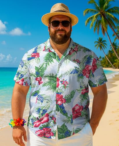 Weecreeture Big and Tall Men's Hawaiian Shirt - Short Sleeve, Tropical Floral Button Down Casual Summer Beach Shirt Cerulean Hibiscus 4X-Large Big Tall - Image 5