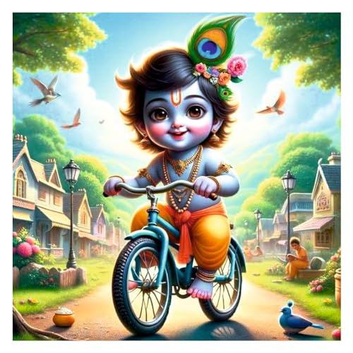 Image of Akki World Bal Kanhiya With Bicycle Wall Poster For Pooja Room, Bedroom, Kids Room, (Size - 46Cm X 46Cm)