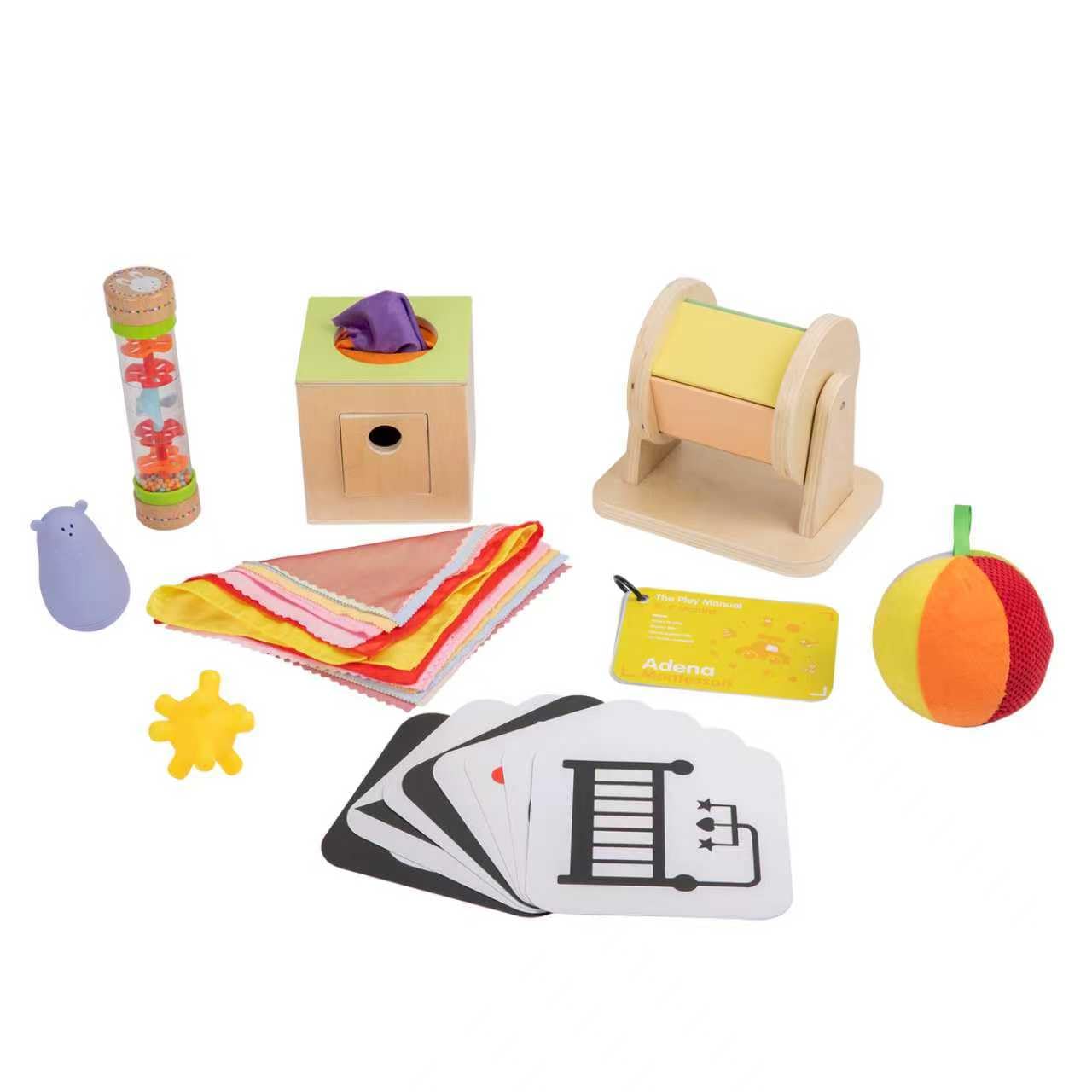 Adena Montessori Kit de Juego para bebés de 0 a 6 Meses, Kit de Aprendizaje 9 en 1 Que Incluye Tarjeta en Blanco y Negro, sonajero Rainmake de Lluvia, Bola sensorial, Tambores de Boca Abajo, Caja de