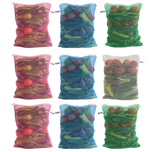 Image of Beddify Set of 9 Reusable Fridge Mesh Fabric Storage Bag for Vegetables and Fruits with Zip Lock (9 X 14 Inches) Multi Color
