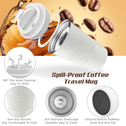 Image of Vacuum Insulated Stainless Steel Travel Coffee Mug,Leak Proof Cup with Lid | 304 stainless steel mug with vacuum insulation, leak proof lid, silicone grip and car cup holder friendly design