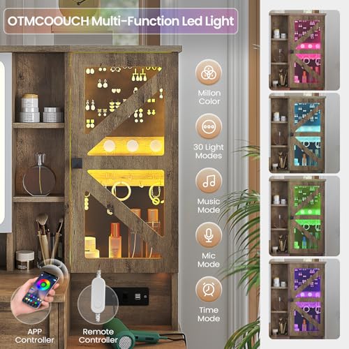 Image of AOGLLATI Farmhouse Vanity Desk with Mirror and Lights, Makeup Vanity Set with Lights & Jewelry Cabinet & 5 Drawers, Vanity Table with Charging Station, Hidden Storage Space for Bedroom, Brown