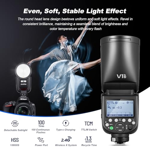 Ficha técnica Godox V1Pro N V1Pro N Cabeza Redonda Flash de Cámara TTL Speedlite 2.4G Inalambrico TTL Speedlight Strobe 76Ws HSS 1/8000s con Bateria Li-Ion para Camaras Nikon - Fernando Cortés